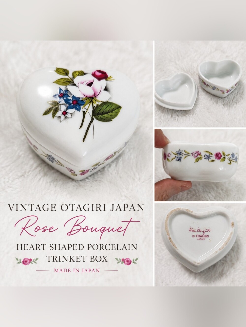 Vintage Otagiri Japan Rose Bouquet Heart Shaped Porcelain Trinket Box